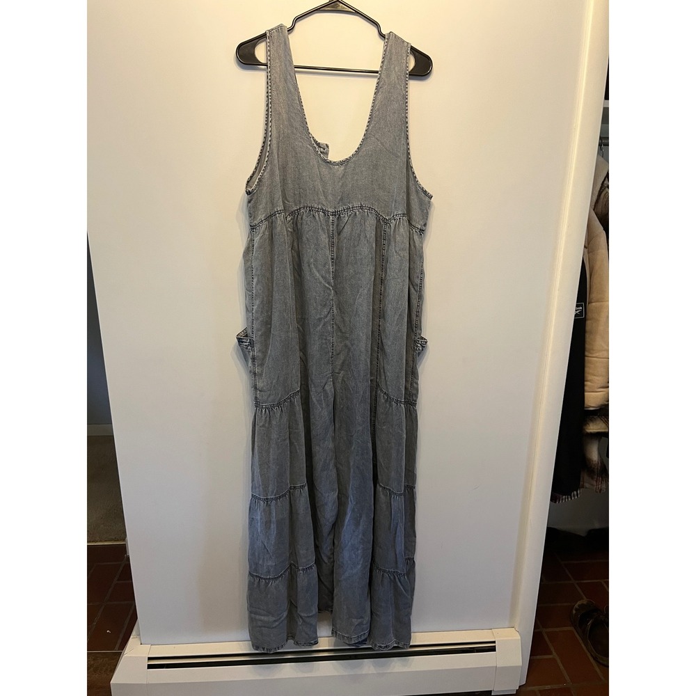 Blue Velvet Acid Wash Tiered Wide Leg Jumpsuit Blue Sleeveless Henley Boho XL - Picture 4 of 6